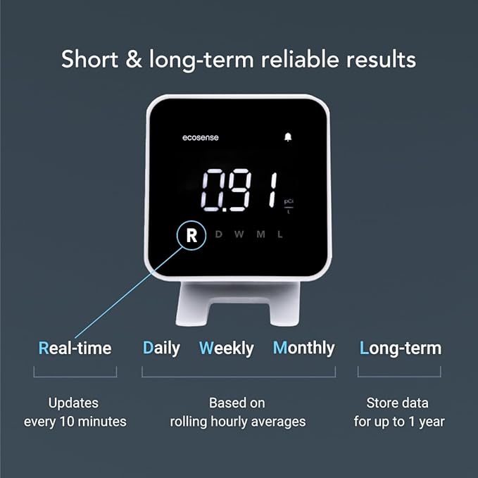 Ecosense EB100 EcoBlu, Home Radon Detector, Capture & Display Results Every 10 Minutes, Short & Long-Term Continuous Monitoring, Easy to Use