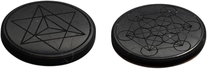 Cell Phone Protection Blocker Shungite Stickers 2 pcs Merkaba & Metatron Sacred Symbol Engraved | Round Sticker Plates for Gadget Smartphone Laptop | Polished Shungite Stone Plates S583