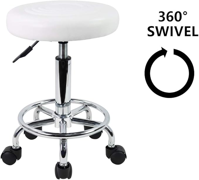 KKTONER PU Leather Modern Round Rolling Stool with Footrest Height Adjustable Spa Drafting Salon Tattoo Work Massage Stools Task Chair Small (White)