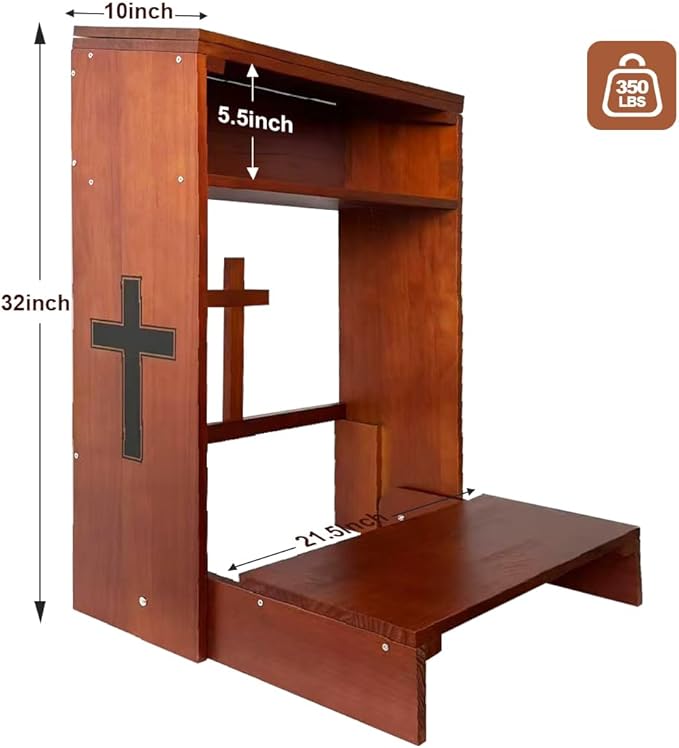 Wooden Prayer Kneeler with Storage Shelf & Cushion - Folding Prayer Bench for Home and Church, Comfortable Kneeling Devotional Pew Bench, 32" H x 22" W