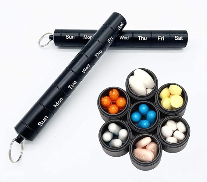 Tvoip Portable Pill Case Keychain Waterproof 7 Days Pill Holder Travel Pill Container Portable Medicine Keychain Daily Airtight Pill Organizer for Outdoor Camping Travel (Black)