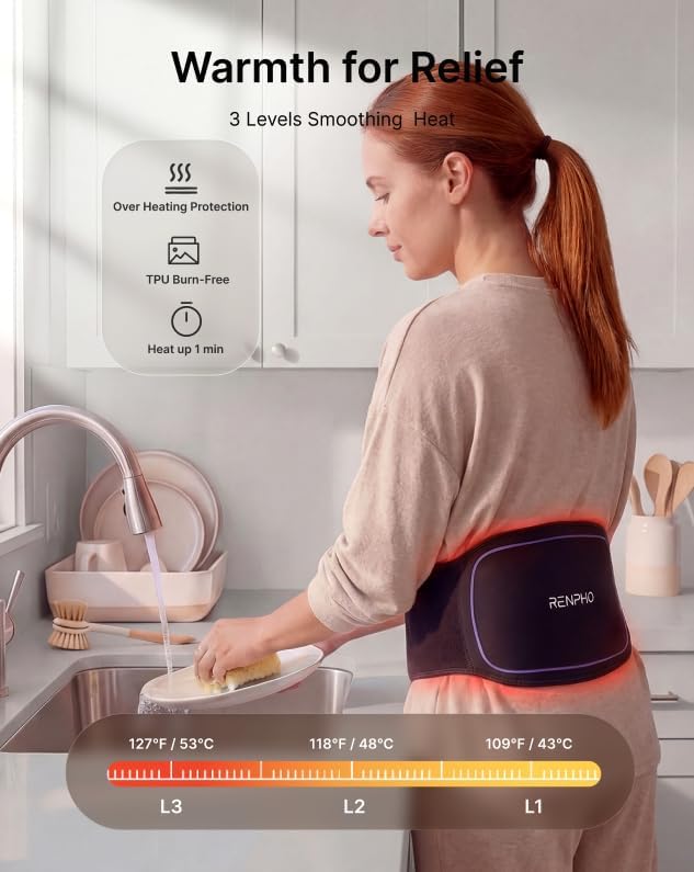 RENPHO Cordless Heating Pad for Back Pain, Red Light Therapy Belt for Low Back, Waist, Shoulder Sweatproof TPU Cover, Vibration, Timer, Adjustable Strap, Mothers Day Birthday Gifts for Women Men Mom