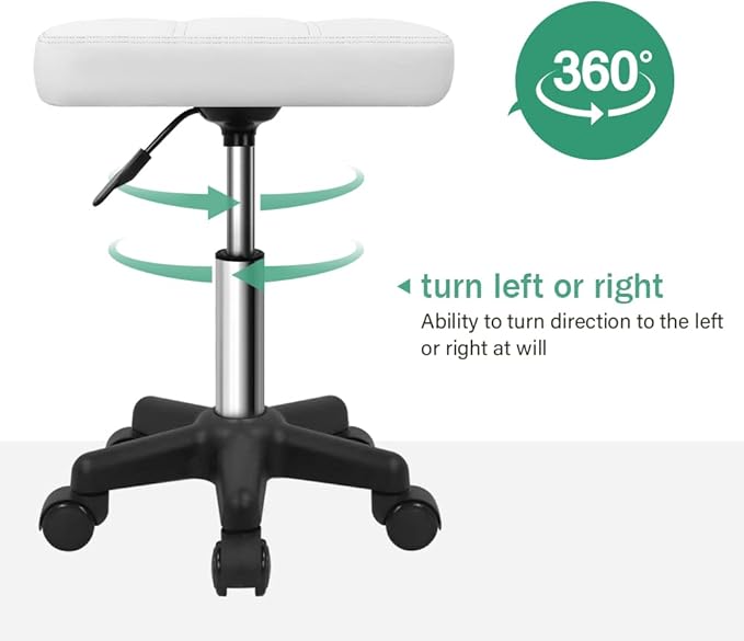 FURWOO Rectangle Rolling Stool with Wheels Height Adjustable Swivel Stool Chair for Spa Salon Massage White