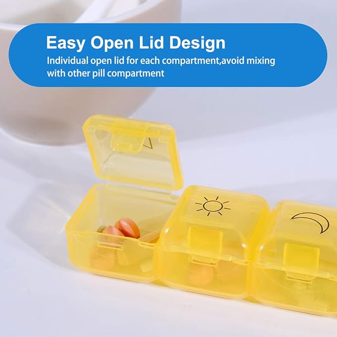 Weekly Pill Organizer Box Case Travel Medication Reminder Daily AM PM, Day Night 7 Open Lid Compartments in Leather Carrying Case