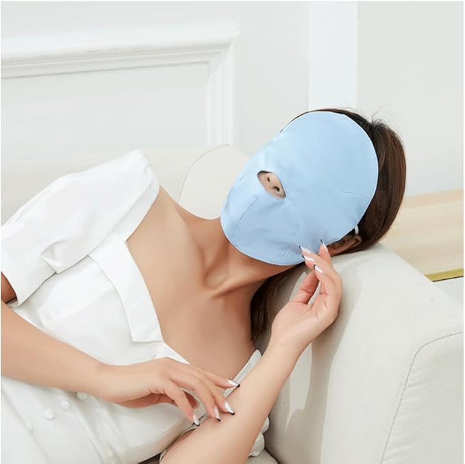 100% Silk Full Face Sleep Mask Double-Layer Silk Fabric Skin Care Lightweight 19 Momme Sun-Proof Sleeping Masks with Ear Hanging Elastic Strap for Women Men (Blue)