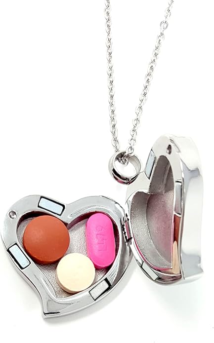 Amour Heart Pill Necklace - Polished Heart Locket with Strong Magnetic Closure - Medication Necklace - Keep Your Medication Securely with You at All Times - 26 Inch Chain