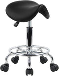 KKTONER Saddle Stool with Foot Rest PU Leather Swivel Adjustable Rolling Stool with Wheels Facial Salon Chair (Black)