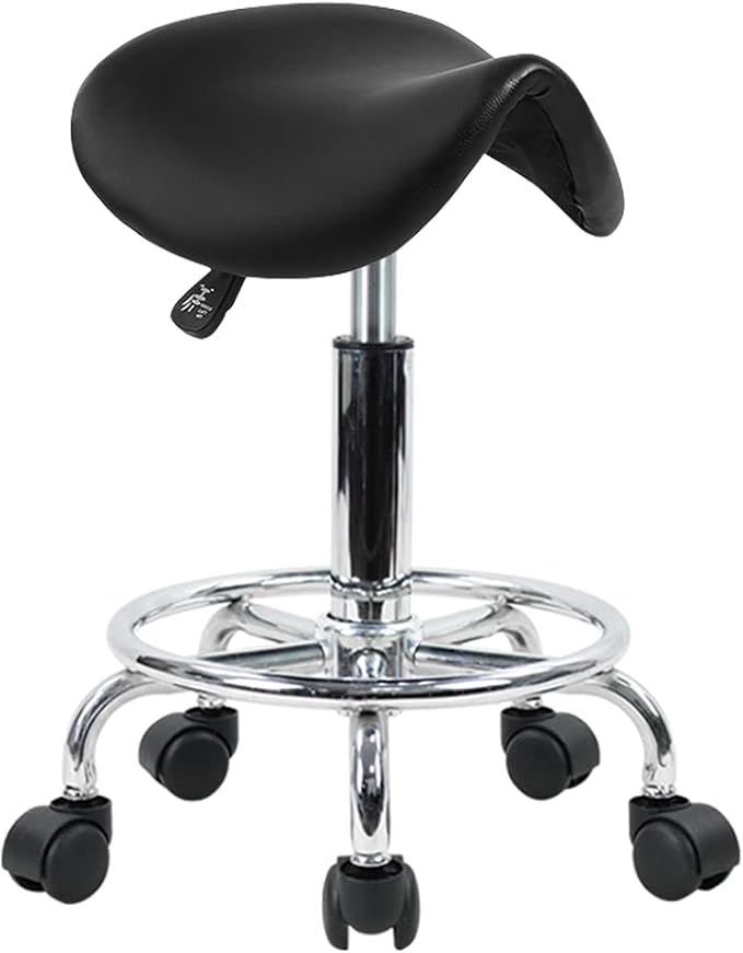 KKTONER Saddle Stool with Foot Rest PU Leather Swivel Adjustable Rolling Stool with Wheels Facial Salon Chair (Black)