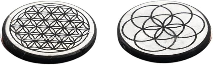 Gadget Protection Shungite Stickers Blocker for Cell Phone 2 pcs Flower of Life & Seed of Life Engraved | Round Sticker Plates for Bad Vibes Blocking | Polished Shungite Stone Plates S576