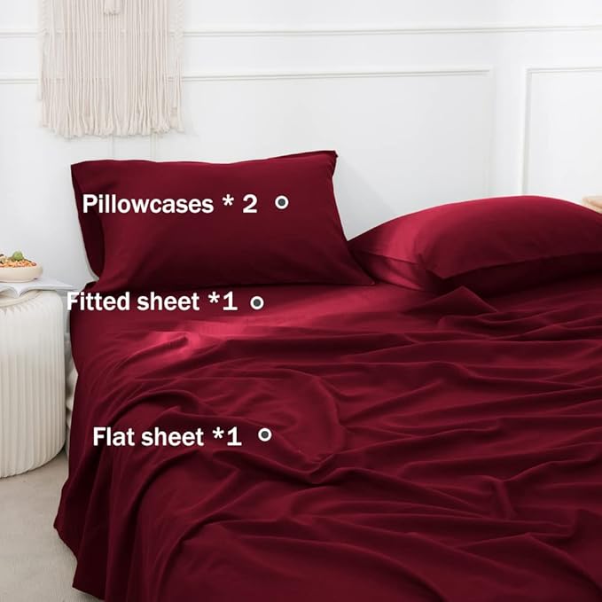 Simple&Opulence Belgian Linen Sheet Set Solid Color - 4 Pieces (1 Flat Sheet, 1 Fitted Sheet & 2 Pillowcases) Natural Flax Cotton Blend Soft Breathable Farmhouse Bedding - Full Size, Burgundy Red