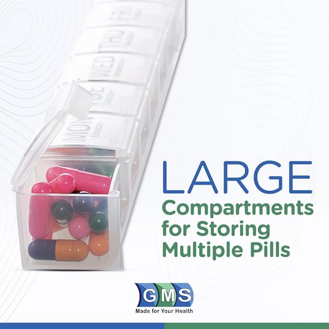 GMS Weekly Pill Organizer - 7-Day Labeled Compartment Pill Case for Supplements, Vitamins and Medication - Secure Latches - Ideal for Daily Use & Travel - Clear
