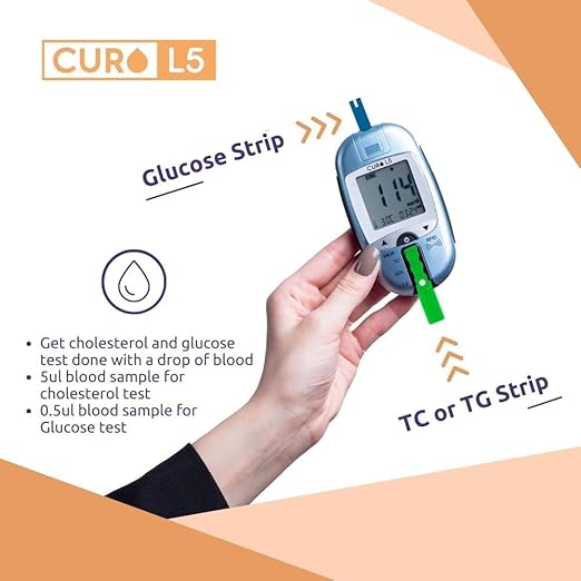 Home Blood Cholesterol Test Kit - CURO L5 Digital Meter - (10 Total Cholesterol Strips & 10 Triglycerides Test Strips and 50 Glucose Test Strips Included)