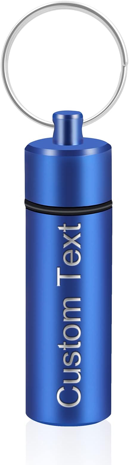Pill Box Keychain OXYEFEI Portable Aluminum Alloy Mini Pill Box Storage Box Suitable for Outdoor Travel Wallet Pocket Pill Case (Blue)