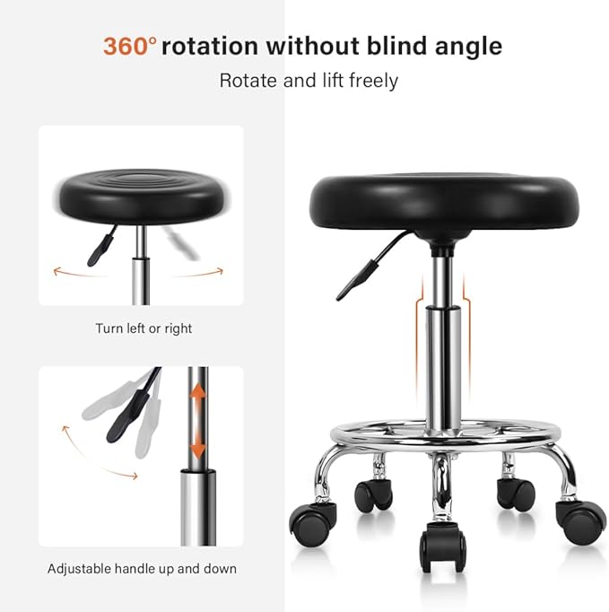 KKTONER PU Leather Modern Round Rolling Stool with Footrest Height Adjustable Spa Drafting Salon Tattoo Work Massage Stools Task Chair Small (Black)
