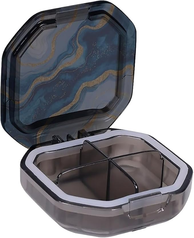 This Portable Watercolor Gold and Blue Marble Pattern 4-Compartment Pillbox Can Be Placed in A Pocket Or Wallet to Store Vitamins, Medicines Fish Oil Health Supplements Other Medications.