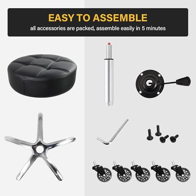 Heavy Duty Rolling Stool with Wheels Hydraulic Swivel Adjustable Rolling Stool Ergonomic Thick Leather Round Seat Chair for Kitchen Drafting Lab Office Salon Message Stool – Black