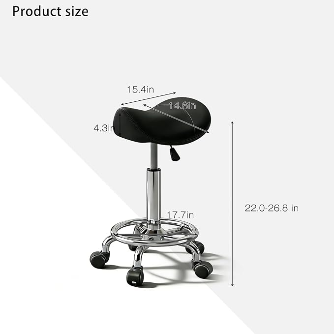 Saddle Stool with Wheels, Adjustable Rolling Stool Chair with Back Support, Ergonomic PU Leather Saddle Chair for Salon, Massage, Tattoo, Medical, Spa, Office (Black, 1PCS)