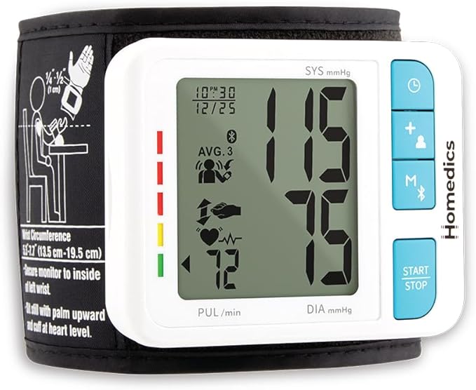 Homedics 700 Series Wrist Cuff Blood Pressure Monitor for Home Use, One-Touch Operation, Accurate Results, 2 Users, with Bluetooth Wireless Technology to The Homedics Health App (Smart)