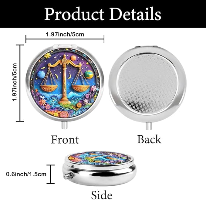 Portable Round 3 Compartment Metal Pill Box Fair Libra Zodiac Print Decor for Kitchen Office Coffee Breaks Health Tracking