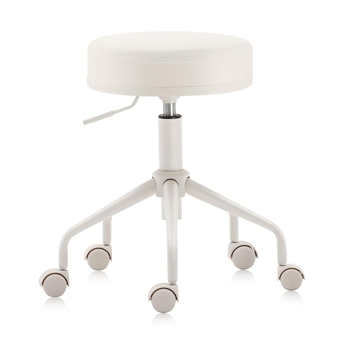 Adjustable Height Hydraulic Rolling Swivel Stool Chair with Metal Base and Faux Leather Cushion for Salon, Medical, Office and Home, 503 Kai Series - Round Seat, Vanilla