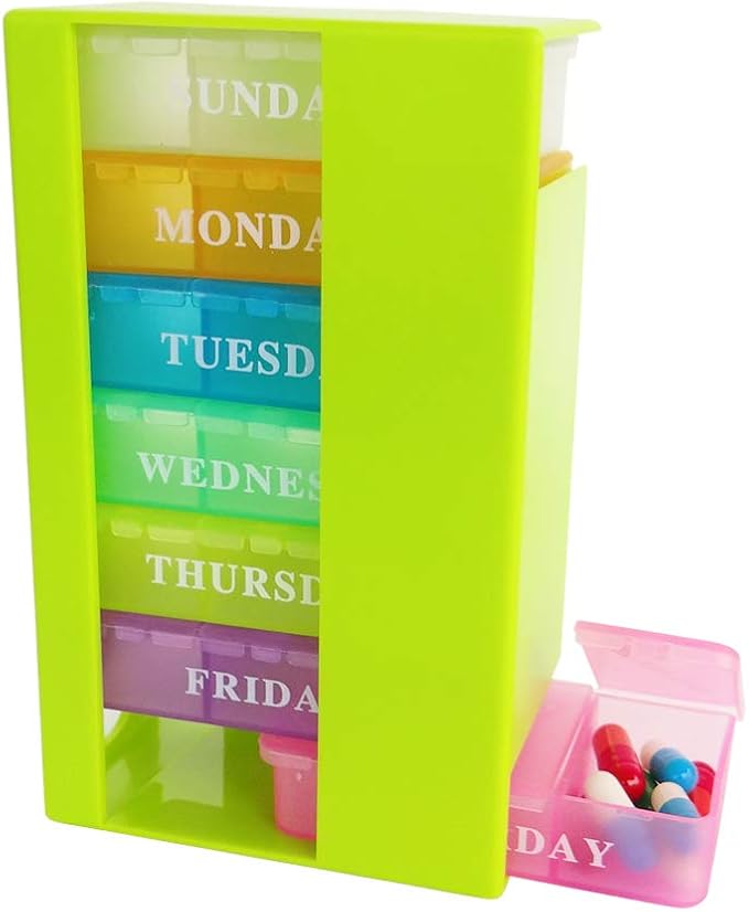 7 Day Weekly AM PM Pill Case Organizer, Travel 21 Compartment Meds Capsules Reminder, Large Daily Medicine Dispenser Planner for Vitamin, Fish Oil, Supplement, Medication, with Green Tray