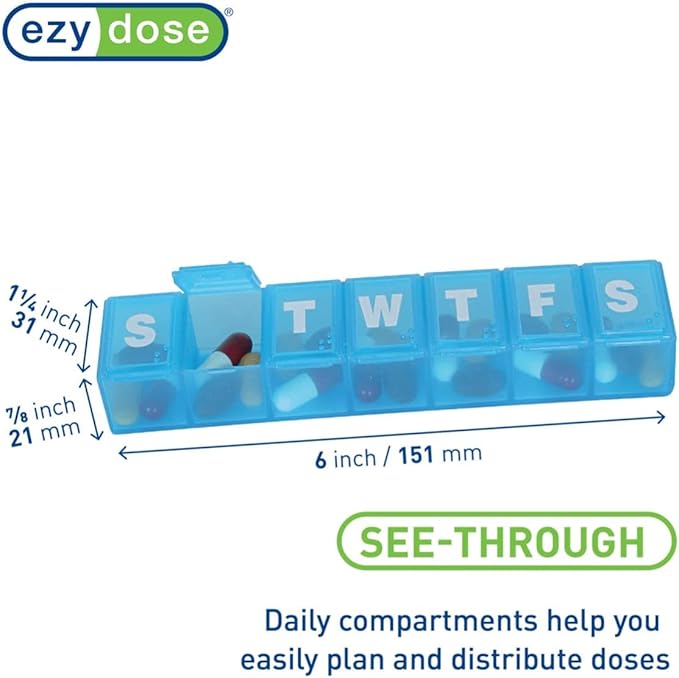 Ezy Dose Weekly (7 Day) Pill Organizer Case, Medium Compartment Vitamin and Medicine Box, Easy to Use (Large - 2 Pack - Colors Vary)