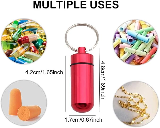 AKOAK 2 Pcs Colorful Round Aluminum Alloy Pill Bottle, Emergency Jar, Waterproof Outdoor Travel Portable Pill Bottle Key Chain (Red)