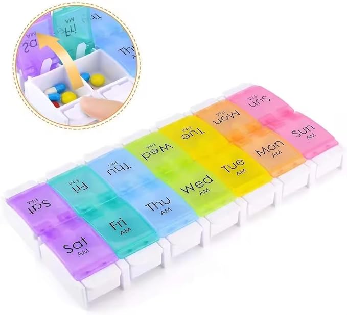 Weekly Pill Organizer 7 Day Large Storage Pill Box AM PM Daily Easy Fill Medicine Pill Cases Two Time A Day Pill Case Rainbow Design