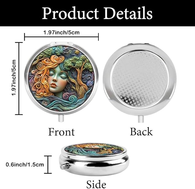 Portable Round 3 Compartment Metal Pill Box Faux Resin Painting Print Decor for Kitchen Office Coffee Organization Travel