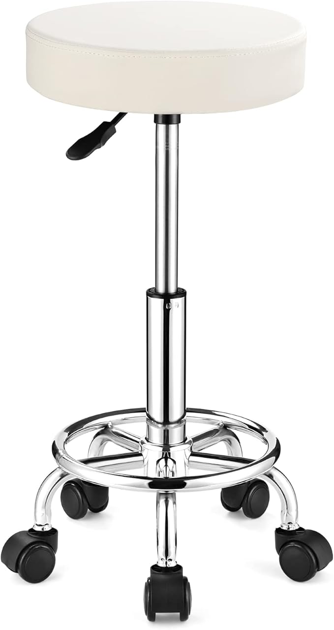 Adjustable Stool with Wheels, Modern Round Rolling Stool for Spa Salon Massage Office, White PU Leather Seat, 250 lbs Capacity