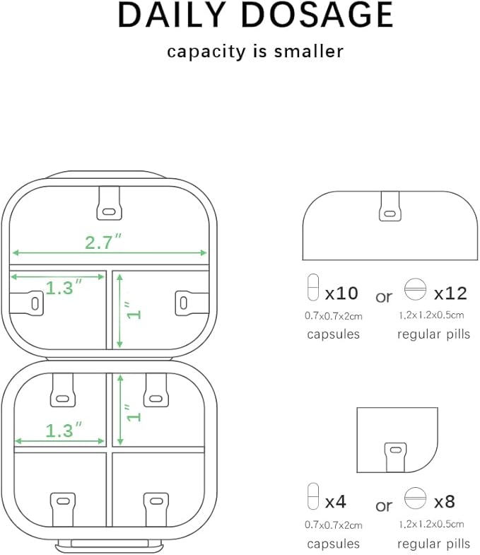 1 Pack Travel Pill Organizer, 7 Compartments Pill Box, Daily Portable Pill Case to Hold Vitamins, Pill Container for Pocket Purse Medicine Organizer (3"x2.8")