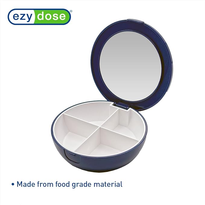EZY DOSE Travel Pill Organizer with Built-in Mirror, Compact and Portable Medication Case for Daily Vitamins, Pills, and Medicine Management, Ideal for Travel and On-The-Go Use, Blue