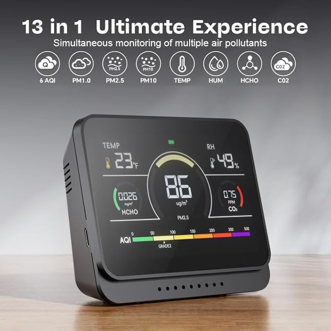 13 in 1 Portable Air Quality Monitor Indoor for Home, Car and Office Air Quality Tester for 6AQI,HCHO, PM2.5, PM1.0, PM10, CO2 Detector Air Quality Meter with Temperature, Humidity (Black)
