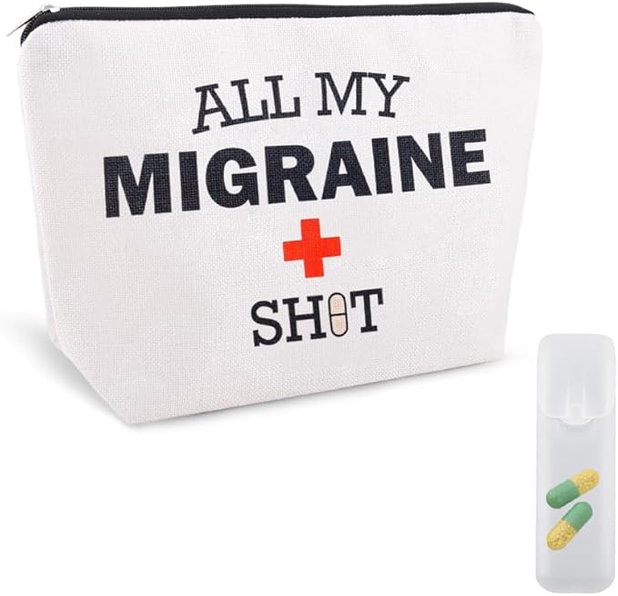 Migraine Medicine Bag for Travel Headache Meds Bag Gifts for Migraine Sufferers Headache Pouch Cosmetic Bags with Zipper Medical Bags for Patients Funny Pouch Pill Organizer Canvas Medication Pouches