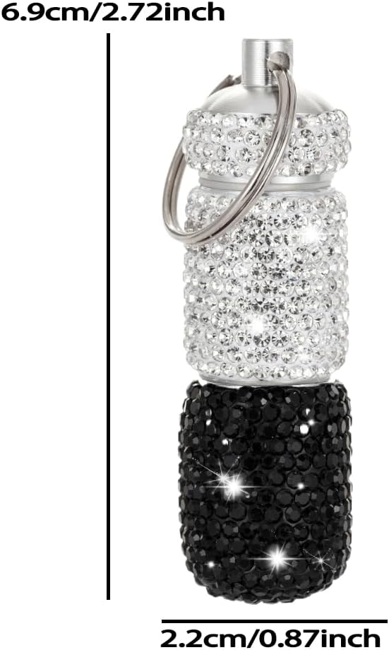 Bling Pill Case Portable Travel Pill Container Bottle Rhinestone Waterproof Small Pill Holder with Keychain Cute Mini Pill Storage Box (White Black)