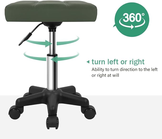 FURWOO Rectangle Rolling Stool with Wheels Height Adjustable Swivel Stool Chair for Spa Salon Massage Green
