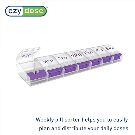 EZY DOSE Weekly (7-Day) AM/PM Daily Pill Organizer, Vitamin Case, and Medicine Container, X-Large Compartments, Arthritis Friendly, Convenient with Effortless Portability, Clear/Purple Lids, BPA Free