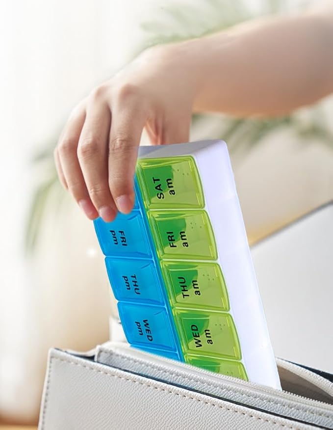 Weekly (7 Day) Pill Organizer, 2 Times a Day AM/PM Pill Case and Planner, Portable Vitamin Containers for Travel(Blue-Green)