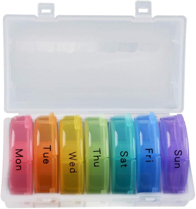 EXCEART Rainbow 21 Compartments Weekly Pill Organizer Portable Medicine Dispenser Round Vitamin Container Travel Holder for Daily Pill Storage