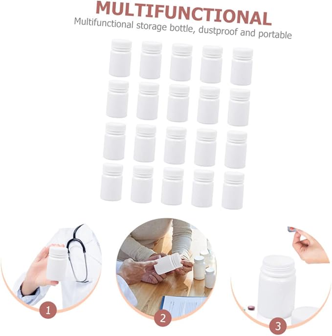 60 pcs Medicine Bottle Storage Holder Pill Capsules Empty Round Container with lid Refillable Bottle. Empty Bottles White polyethylene