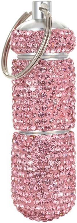 Bling Pill Case Portable Travel Pill Container Bottle Rhinestone Waterproof Small Pill Holder with Keychain Cute Mini Pill Storage Box (Pink)