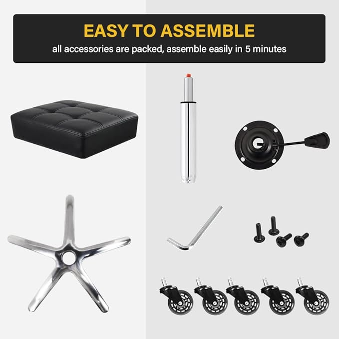 Modern Heavy Duty Rolling Stoool Square Thick Leather Seat 360 Swivel Stool with Wheels Height Adjustable Stool Chair for Home Kitchen Drafting Lab Office Salon Massage（Black）