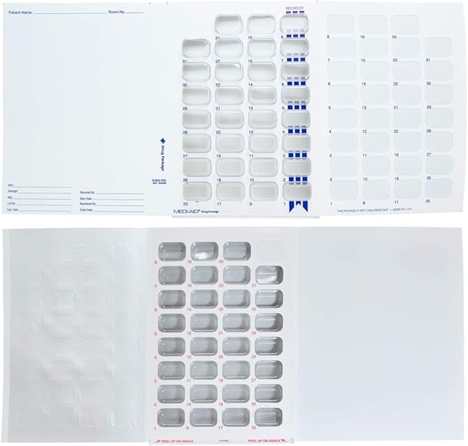 Monthly XL Cold Seal Medication Blister Pack System Cards for Pills -One Piece Unit Dose Tri-Fold Booklet, Easy No Extra Equipment Needed, Just Fill and Seal (31 Day Monthly - 6 Pack)
