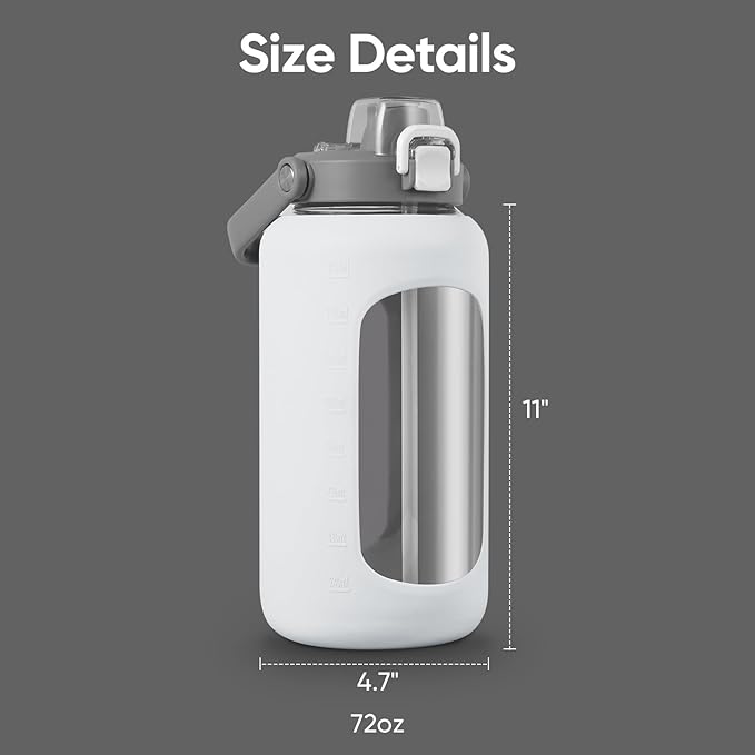 72oz Glass Water Bottle with 2-IN-1 Straw &Chug Lid, Large Motivational Glass Bottle with Capacity Marker and Silicone Sleeve, 2.1Liter Gallon Water Jug for Home, Sports, Gym, BPA Free-White