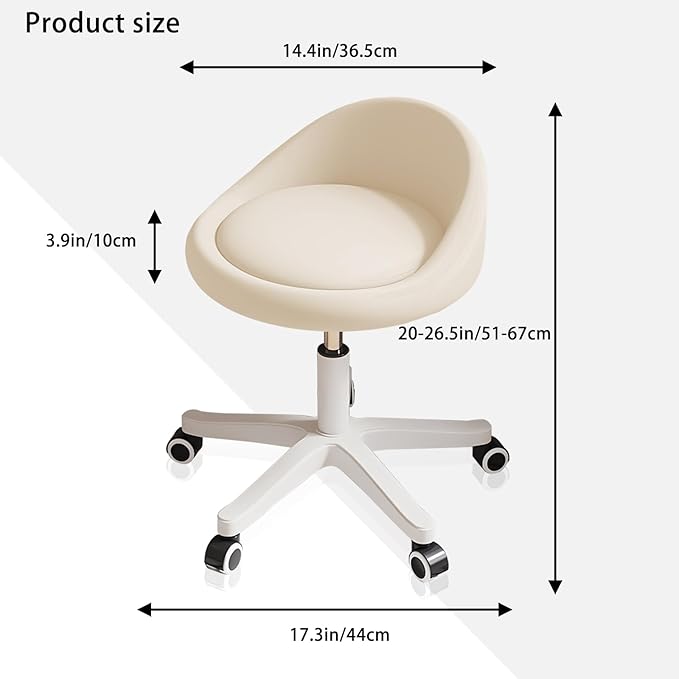 Rolling Stool Set of 3– Ergonomic Swivel Seat, Adjustable Height, Ultra-Quiet Wheels, Padded PU Leather Cushion, for Salon, Office, Massage & Medical Use Beige