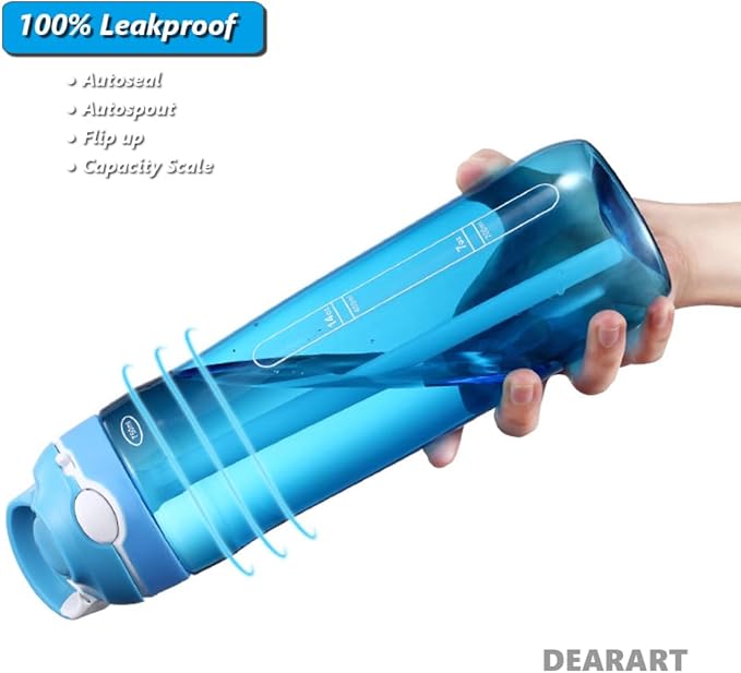 DEARART 24oz Water Bottles With Straw, 100% Leakproof BPA FREE Flip Up Lid Clear Bottle With Handle, Easy Carried Suit Office Sports Travel Gym Yoga, Light Blue