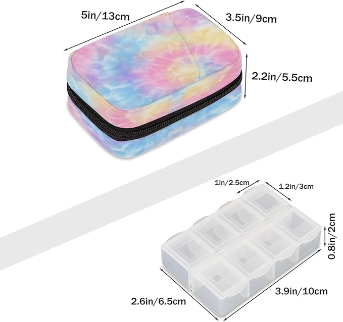 Tie Dye Beautiful Rainbow Pill Case Travel Pill Organizer Weekly 7 Day Portable with Zipper Medicine Box Pill Case for Vitamins, Birth Control,Fish Oils,Medication, Supplements