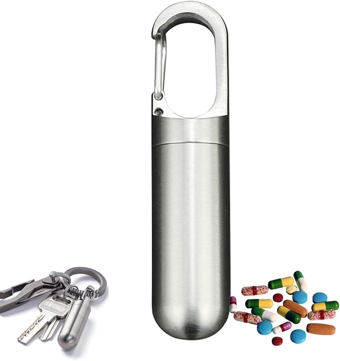 Keychain Waterproof Locking Pill Holder, Titanium Pill Container, Daily Pill Organizer Portable Travel Pill Case Box, Airtight Pill Storage Bottle for Purse Pocket Outdoor Camping