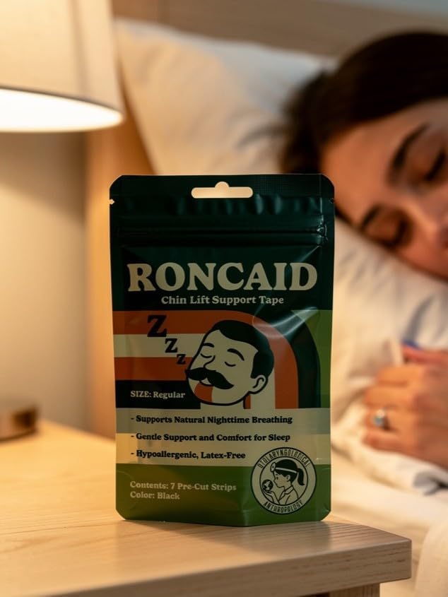 Roncaid Chin Lift Support Tape for Sleep - Black - 7 Pre-Cut Strips - Hypoallergenic, Latex-Free - Mouth Tape Alternative - Natural Nighttime Breathing Support (Regular)