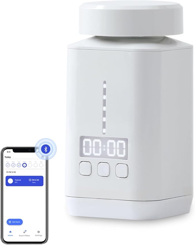 DEFI AI Smart Pill Bottle, Pill Organizer, Portable, Bluetooth, Easy to use, selfcare, with Alarm, Sound & Light, Daily, Compact Medicine Holder for Vitamins, Supplements, Free Reminder app.